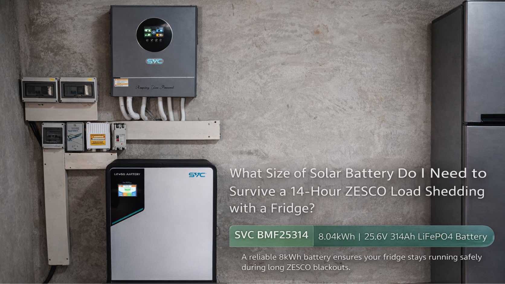8kWh LiFePO4 battery for 14-hour ZESCO load shedding in Zambia, powering a fridge, TV, WiFi and essential lights.